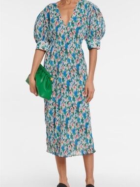 Ganni Floral Blue Puff-Sleeve Midi Dress - Blue